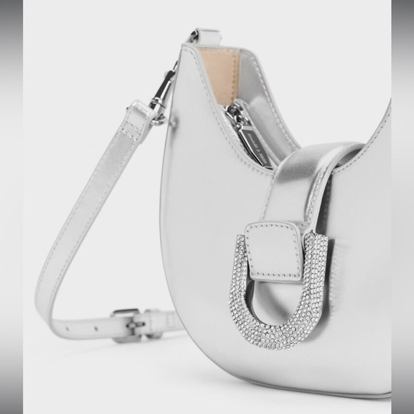 Gabine Metallic Leather Gem-Embellished Hobo Bag - Silver - Picture 2 of 9